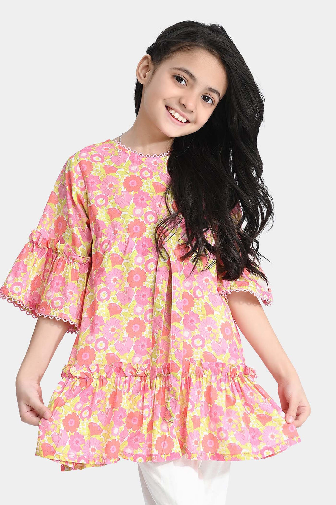 Girls Cotton Poplin Casual Frock Pink Frill-Pink
