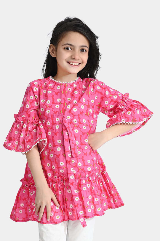 Girls Cotton Poplin Casual Frock Shocking Pink Frill-Hot Pink