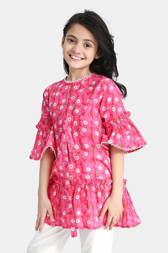 Girls Cotton Poplin Casual Frock Shocking Pink Frill-Hot Pink