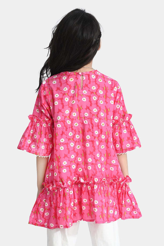 Girls Cotton Poplin Casual Frock Shocking Pink Frill-Hot Pink
