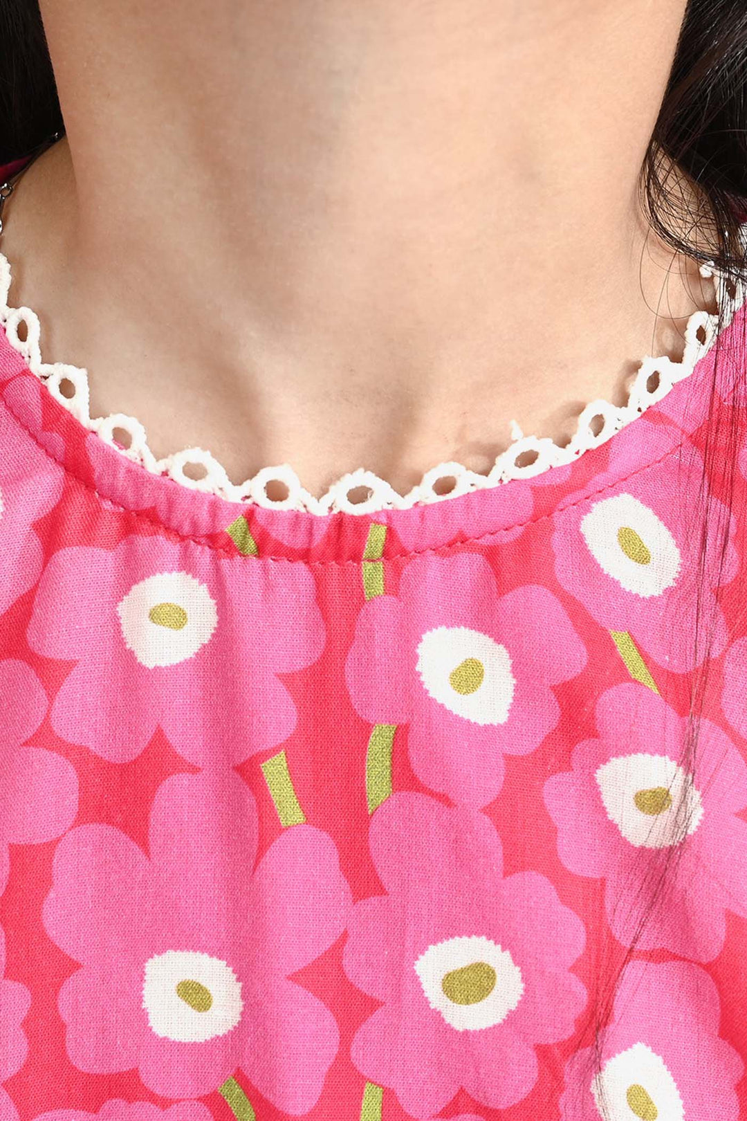 Girls Cotton Poplin Casual Frock Shocking Pink Frill-Hot Pink