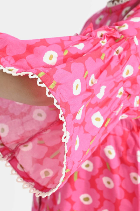 Girls Cotton Poplin Casual Frock Shocking Pink Frill-Hot Pink