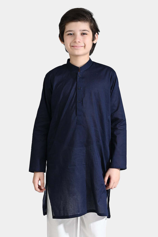 Boys Jacquard Basic Kurta-NAVY