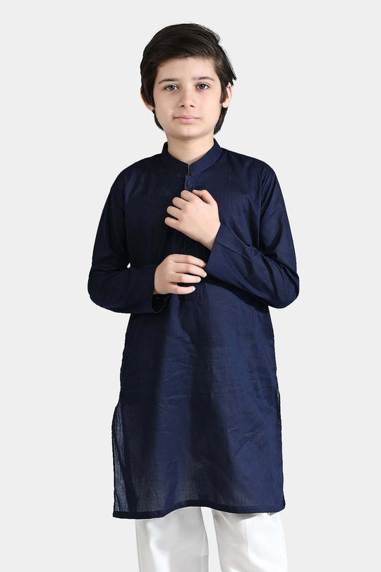 Boys Jacquard Basic Kurta-NAVY