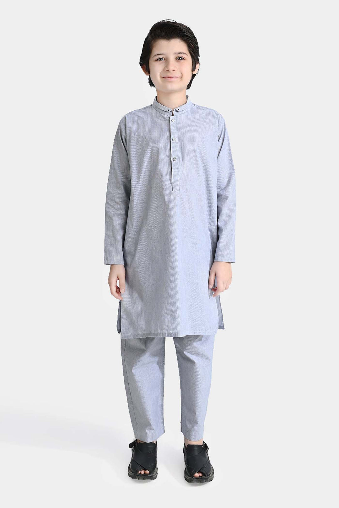 Boys Yarn Dyed Shalwar Suit (Ban Collar)-Grey Stripe