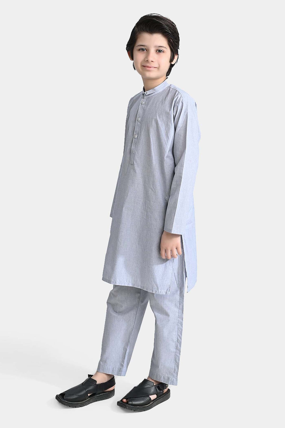 Boys Yarn Dyed Shalwar Suit (Ban Collar)-Grey Stripe