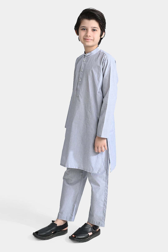 Boys Yarn Dyed Shalwar Suit (Ban Collar)-Grey Stripe