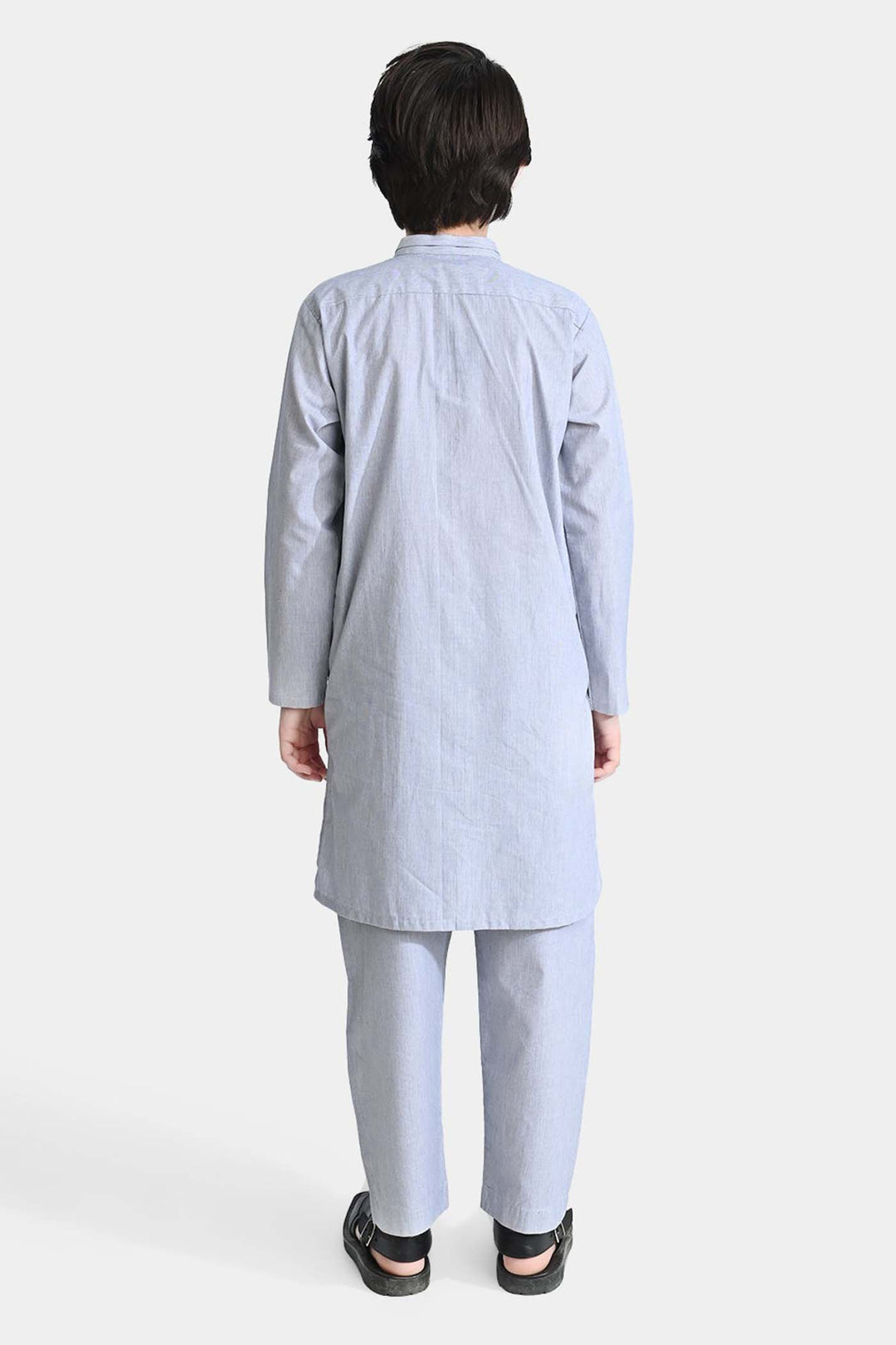 Boys Yarn Dyed Shalwar Suit (Ban Collar)-Grey Stripe