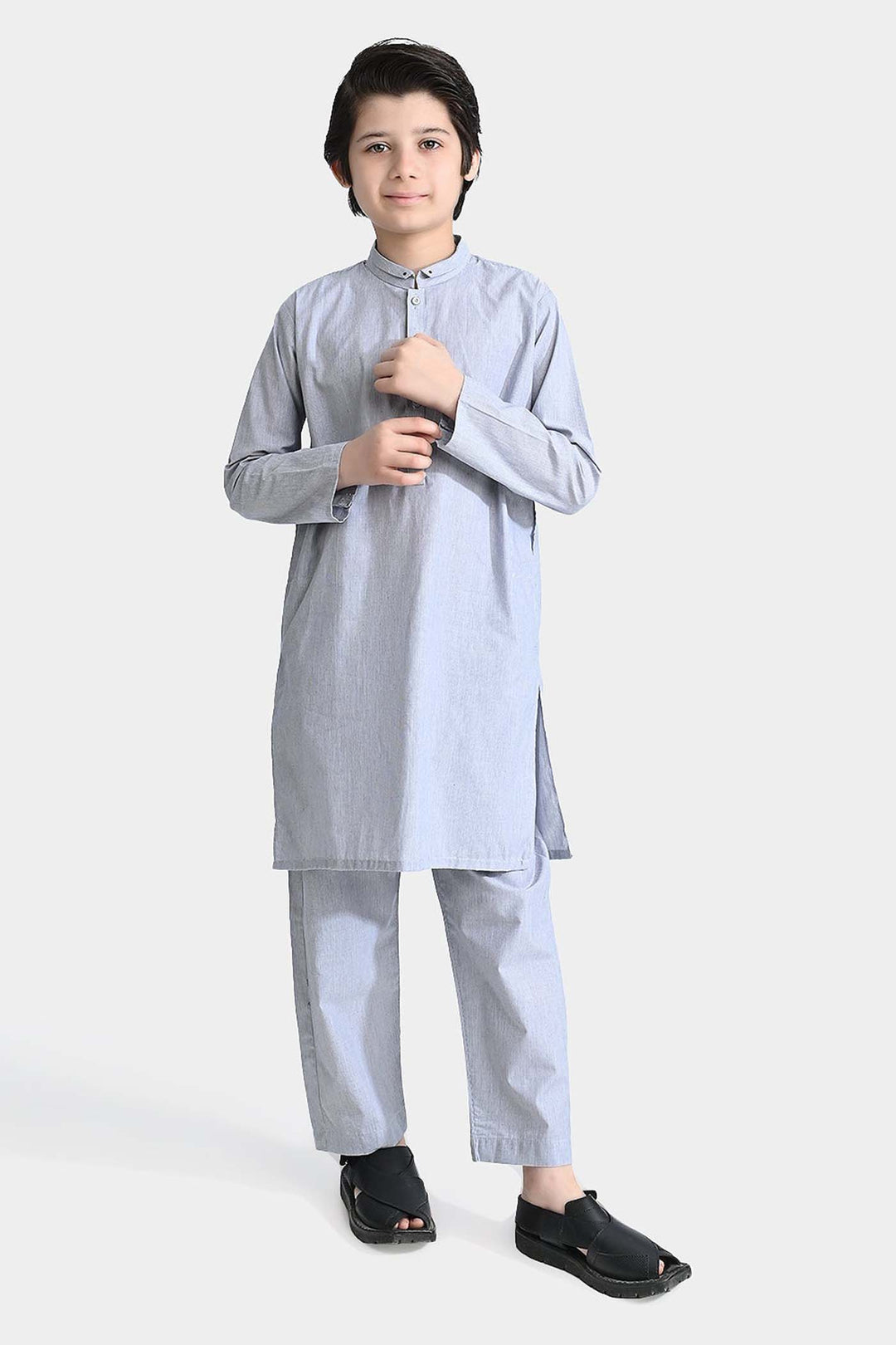 Boys Yarn Dyed Shalwar Suit (Ban Collar)-Grey Stripe
