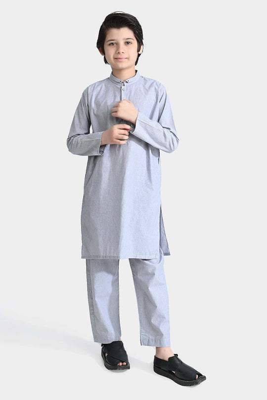 Boys Yarn Dyed Shalwar Suit (Ban Collar)-Grey Stripe