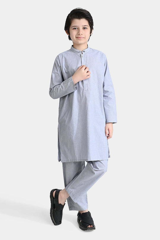 Boys Yarn Dyed Shalwar Suit (Ban Collar)-Grey Stripe