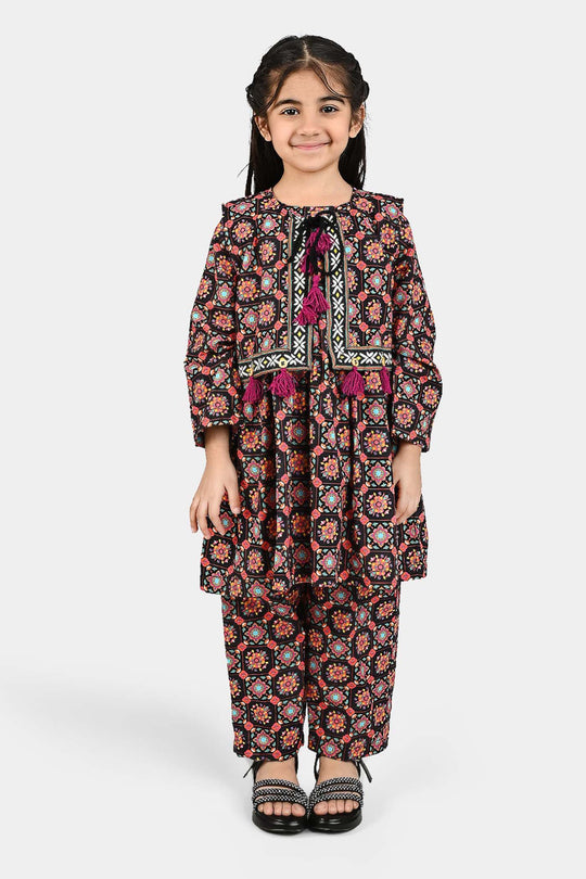 Girls Cotton Printed 3Pcs Dhanak-Multi