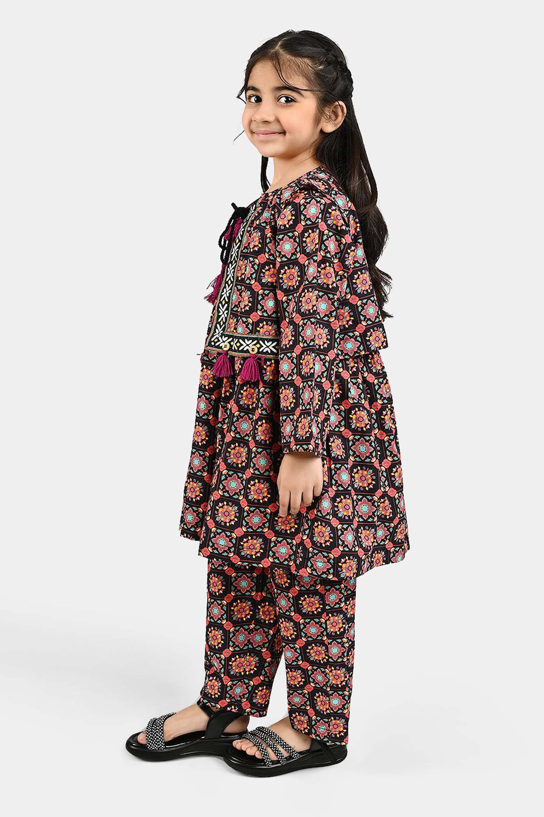 Girls Cotton Printed 3Pcs Dhanak-Multi