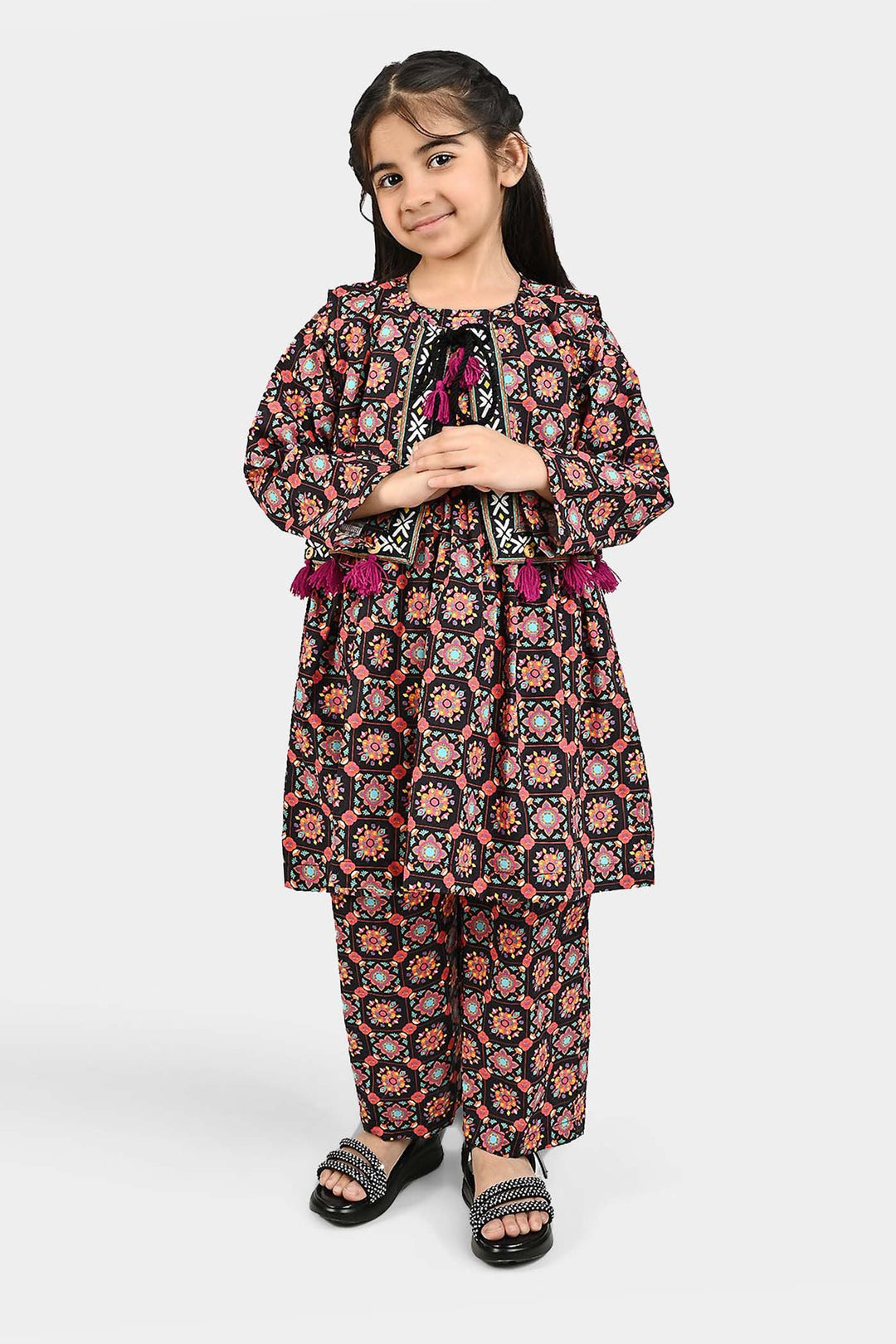 Girls Cotton Printed 3Pcs Dhanak-Multi