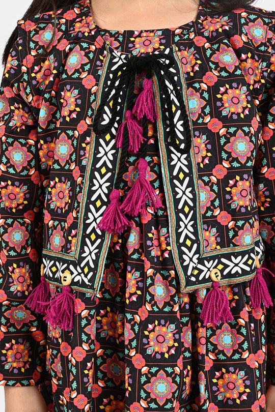 Girls Cotton Printed 3Pcs Dhanak-Multi