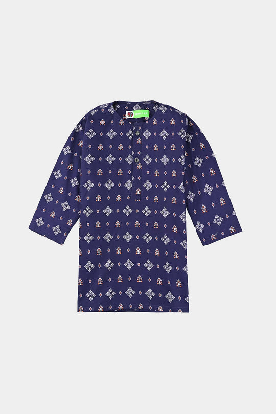 Infant Boys Cotton Printed Kurta (Tribal Motif)-Blue