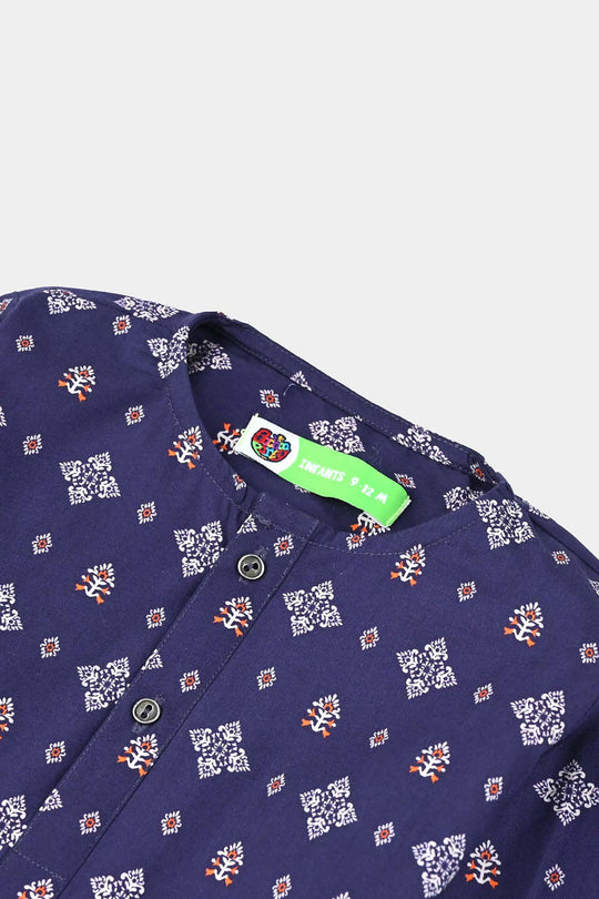 Infant Boys Cotton Printed Kurta (Tribal Motif)-Blue