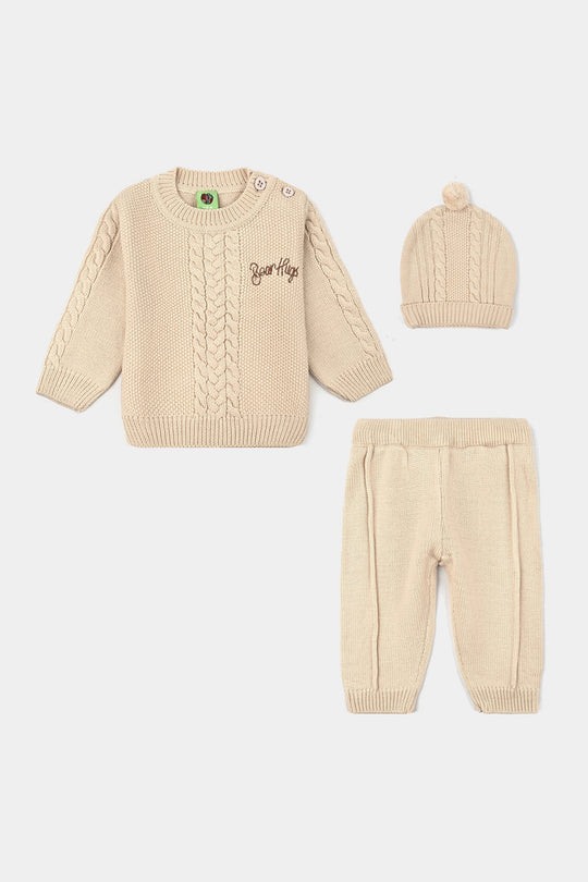 Infant Boys Acrylic 3PC Set-Bear Hug - BEIGE