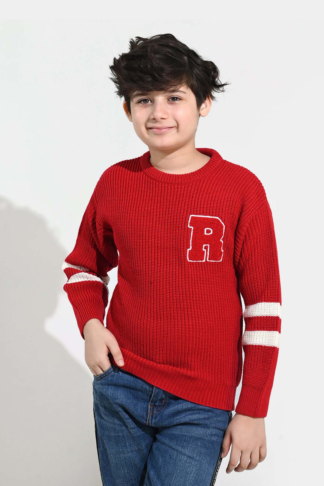 Boys Acrylic Sweater-Varsity - RED