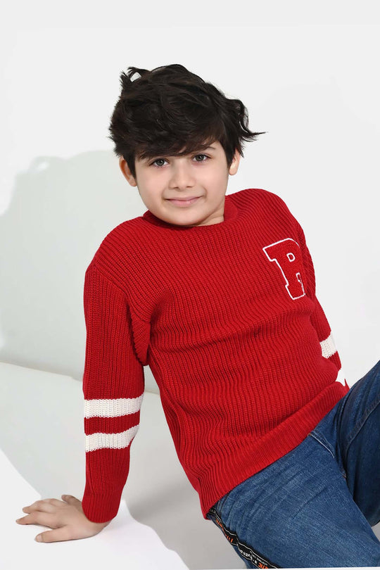 Boys Acrylic Sweater-Varsity - RED