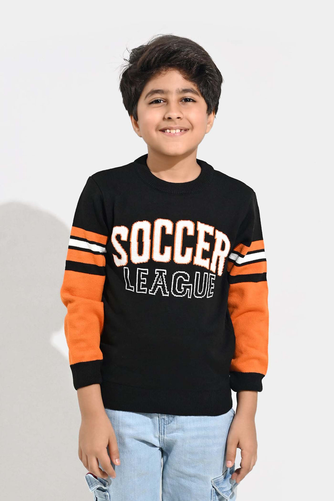 Boys Acrylic Sweater-Soccer-Blk.Orange