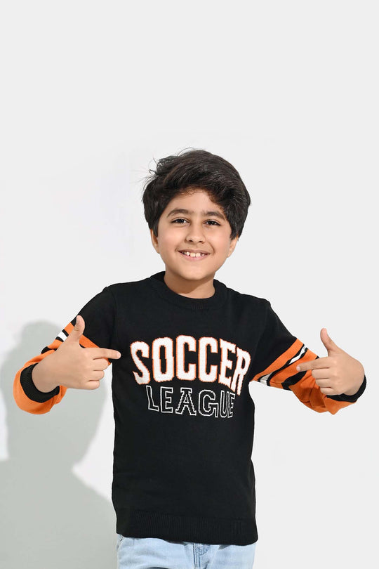 Boys Acrylic Sweater-Soccer-Blk.Orange