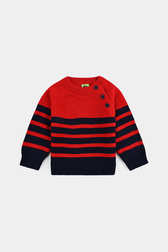 Infant Boys Acrylic Sweater-Navy & Red Stripe - NAVY