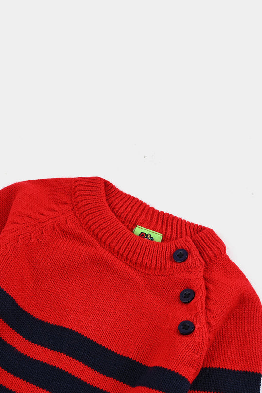Infant Boys Acrylic Sweater-Navy & Red Stripe - NAVY