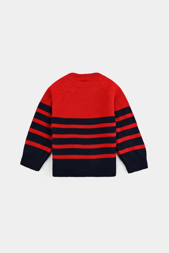 Infant Boys Acrylic Sweater-Navy & Red Stripe - NAVY