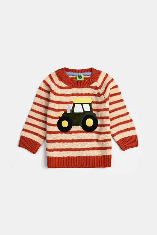 Infant Boys Acrylic Sweater-Tractor - Rust
