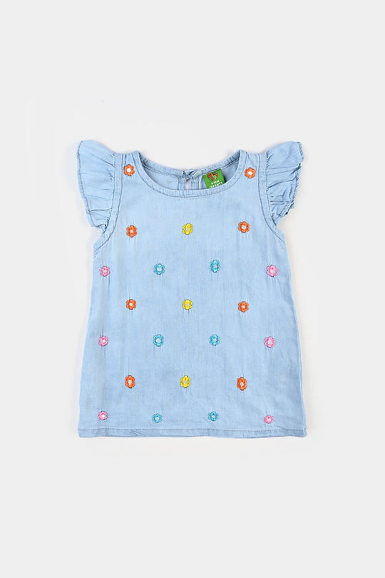 Infant Girls Denim Viscose Emb Top Flower Garden-Mid Blue