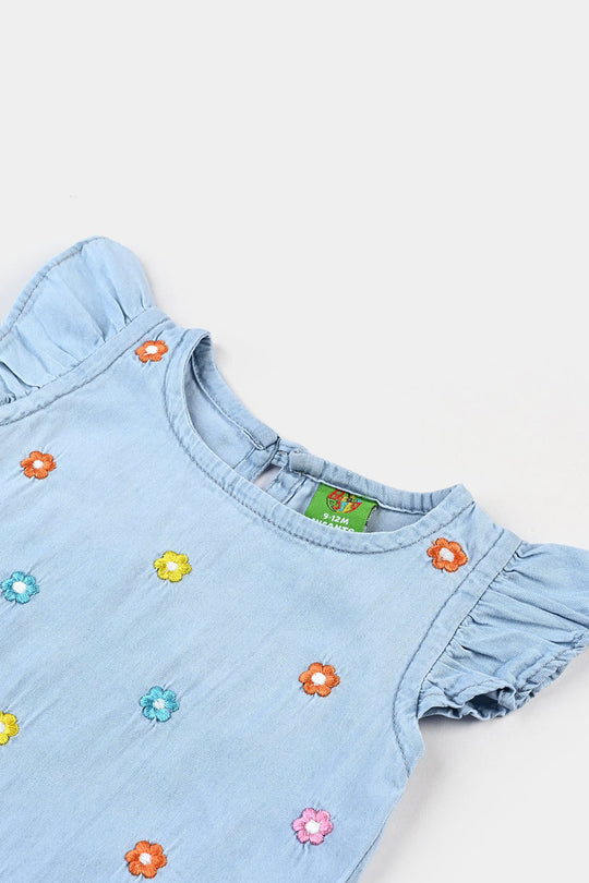 Infant Girls Denim Viscose Emb Top Flower Garden-Mid Blue