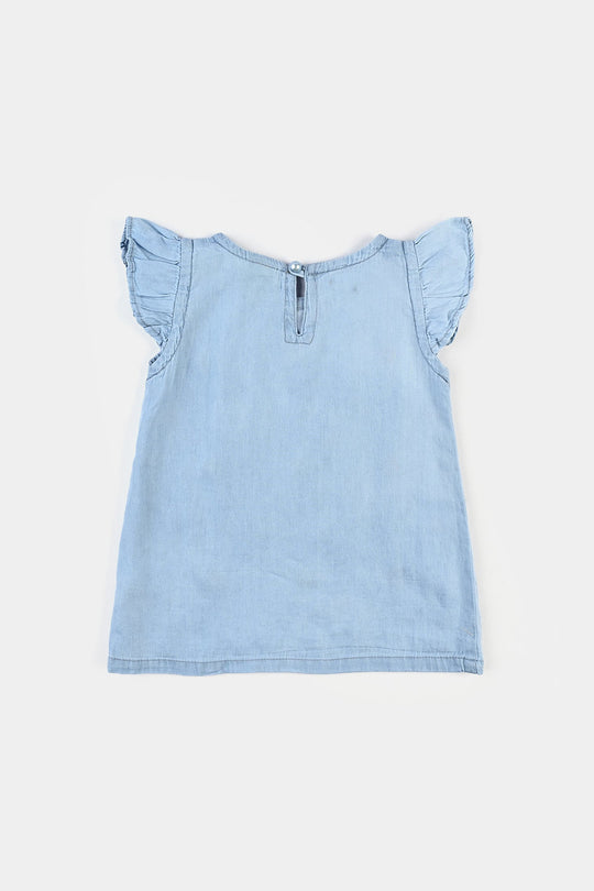 Infant Girls Denim Viscose Emb Top Flower Garden-Mid Blue