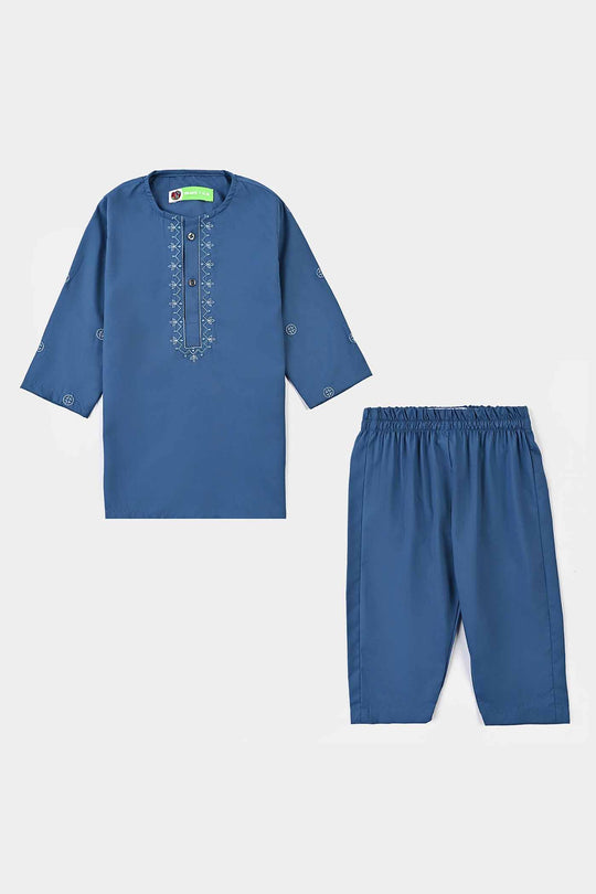 Infant Boys Cotton Kurta Pajama Suit (Floral EMB)-T.Blue