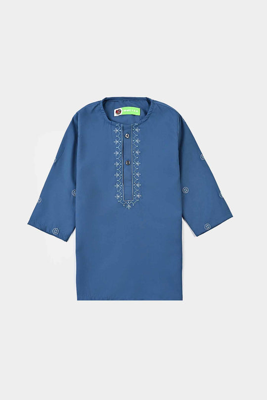 Infant Boys Cotton Kurta Pajama Suit (Floral EMB)-T.Blue