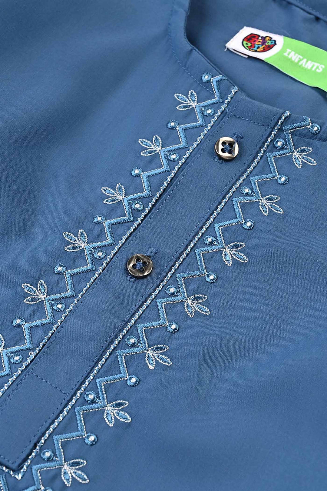 Infant Boys Cotton Kurta Pajama Suit (Floral EMB)-T.Blue