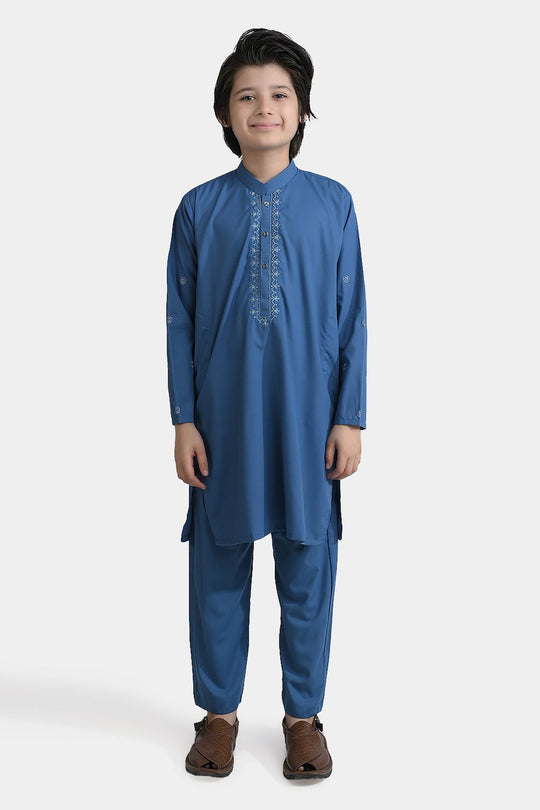 Boys Cotton Kurta pajama Suit (Floral EMB)-T.Blue