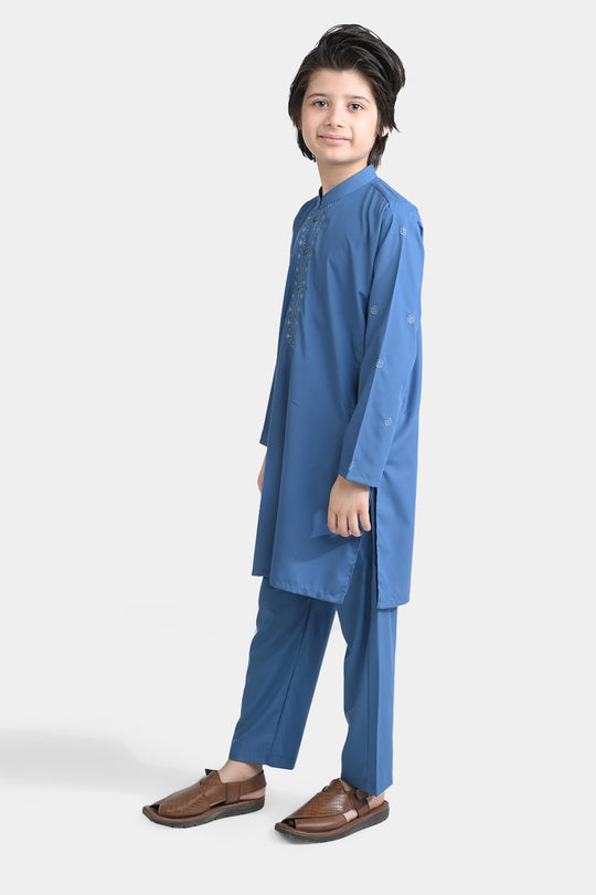 Boys Cotton Kurta pajama Suit (Floral EMB)-T.Blue