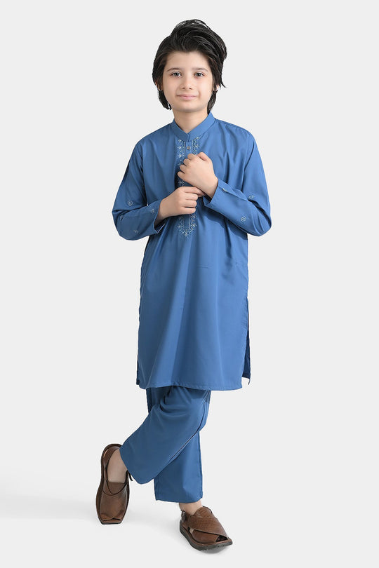 Boys Cotton Kurta pajama Suit (Floral EMB)-T.Blue