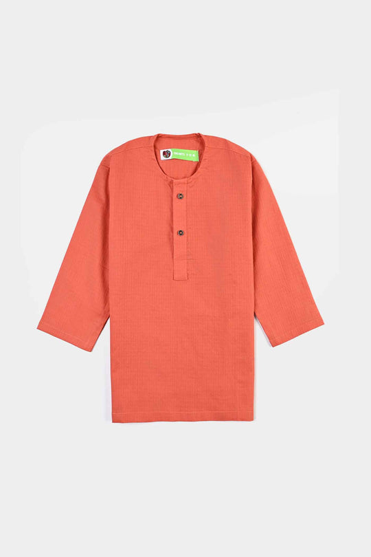 Infant Boys Cotton Jacquard Basic Kurta (Blended Check)-BROWN