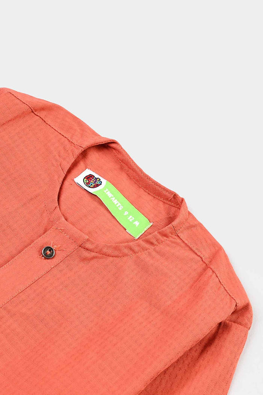 Infant Boys Cotton Jacquard Basic Kurta (Blended Check)-BROWN