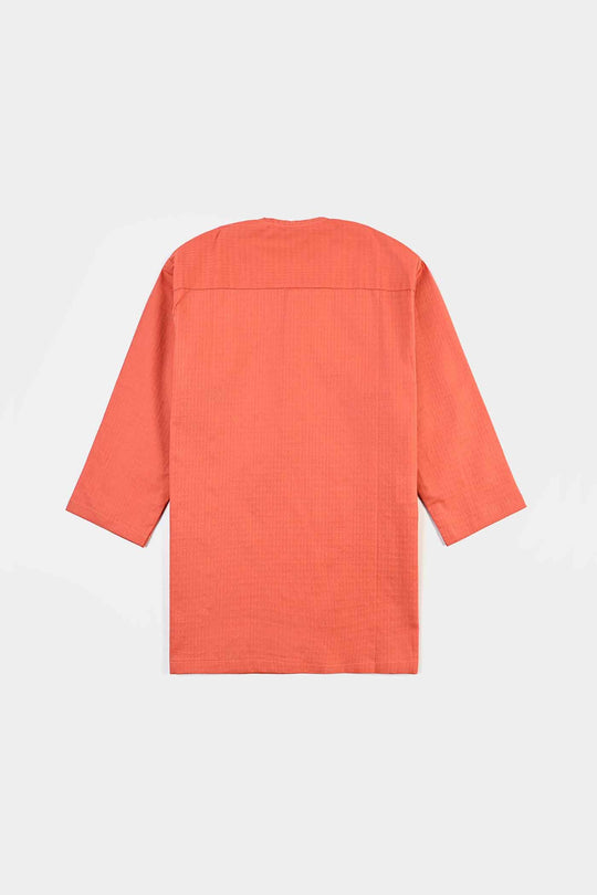 Infant Boys Cotton Jacquard Basic Kurta (Blended Check)-BROWN