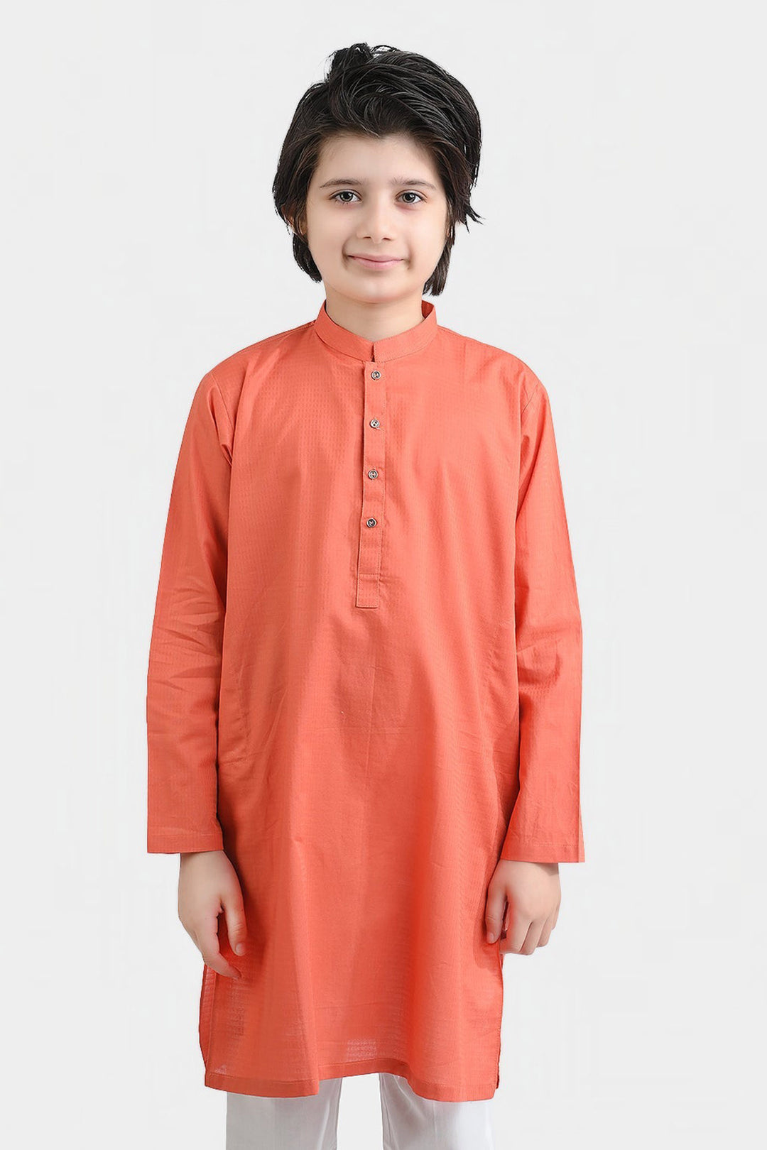 Boys Cotton Jacquard Basic Kurta (Blended Check)-BROWN