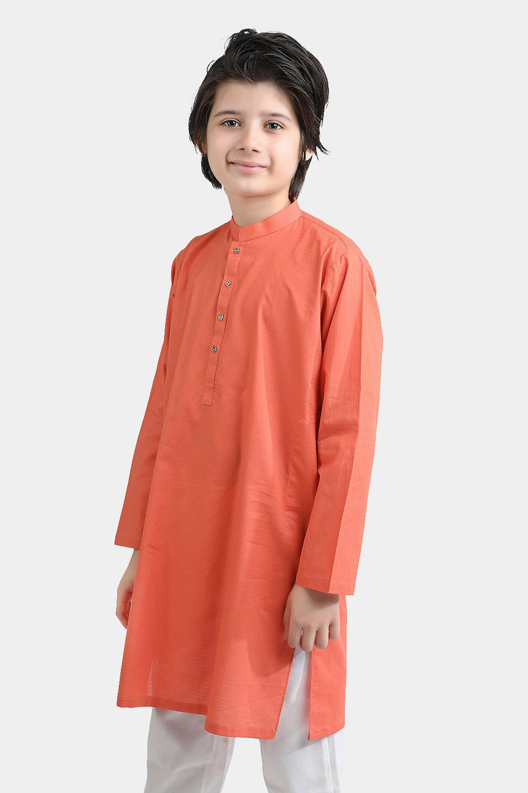 Boys Cotton Jacquard Basic Kurta (Blended Check)-BROWN
