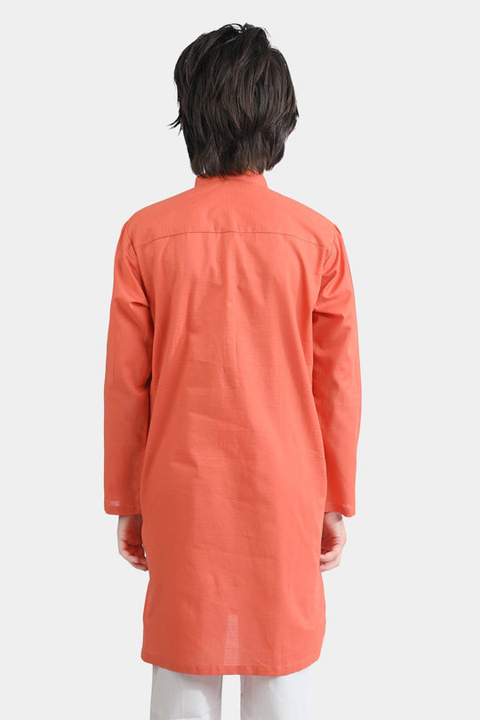 Boys Cotton Jacquard Basic Kurta (Blended Check)-BROWN