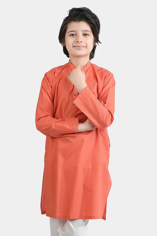 Boys Cotton Jacquard Basic Kurta (Blended Check)-BROWN