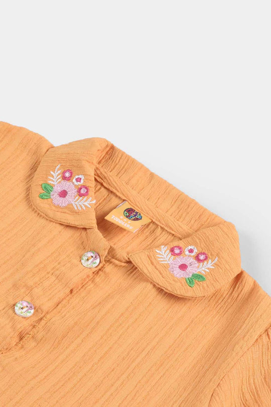 Girls Poly Cotton Casual Frock Mustard Crinkle-Mustard