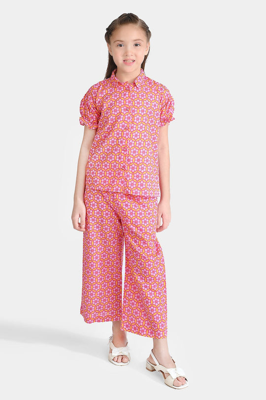 Girls Cotton Poplin Co-Ord Set Pink Geometric-Pink