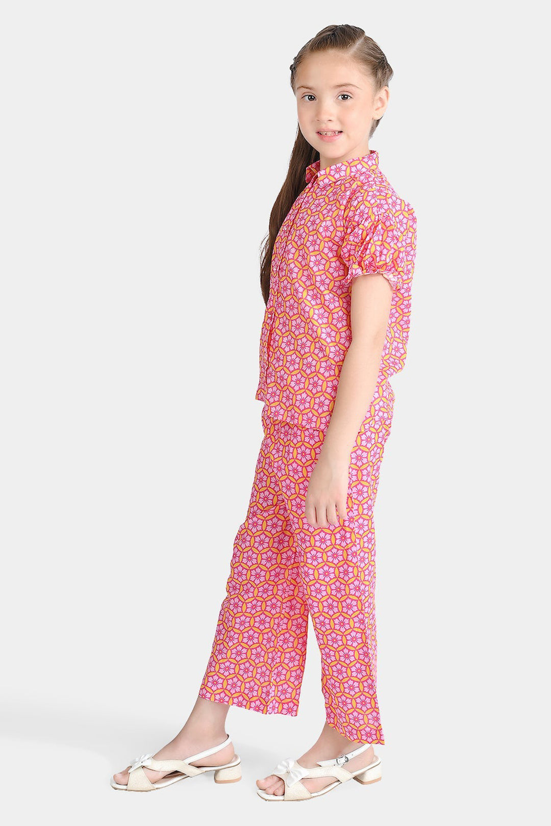 Girls Cotton Poplin Co-Ord Set Pink Geometric-Pink