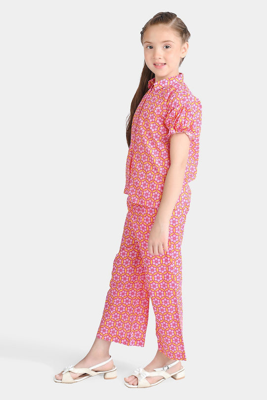 Girls Cotton Poplin Co-Ord Set Pink Geometric-Pink